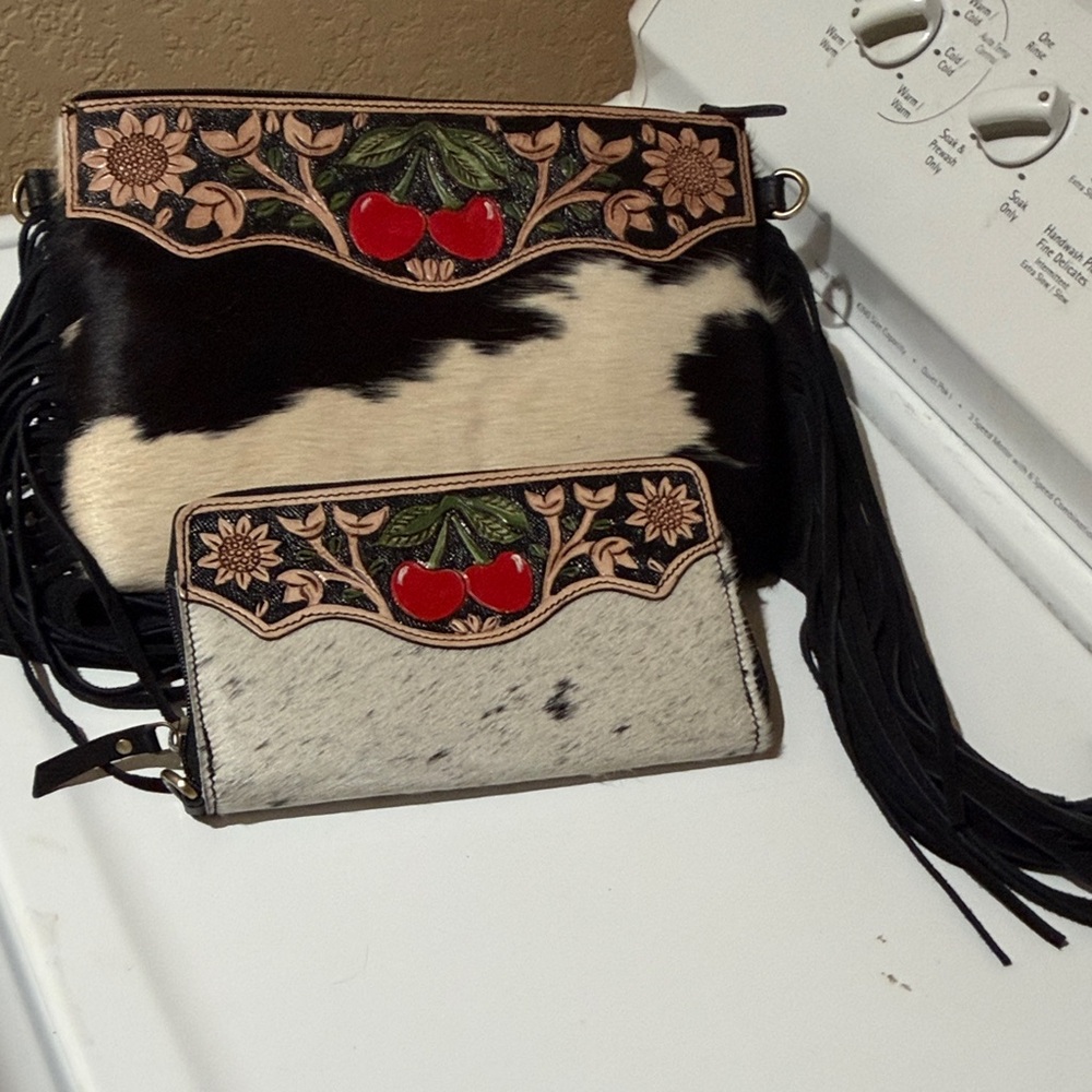 Black & White Cowhide Fringe Crossbody with Red Cherry Accent
